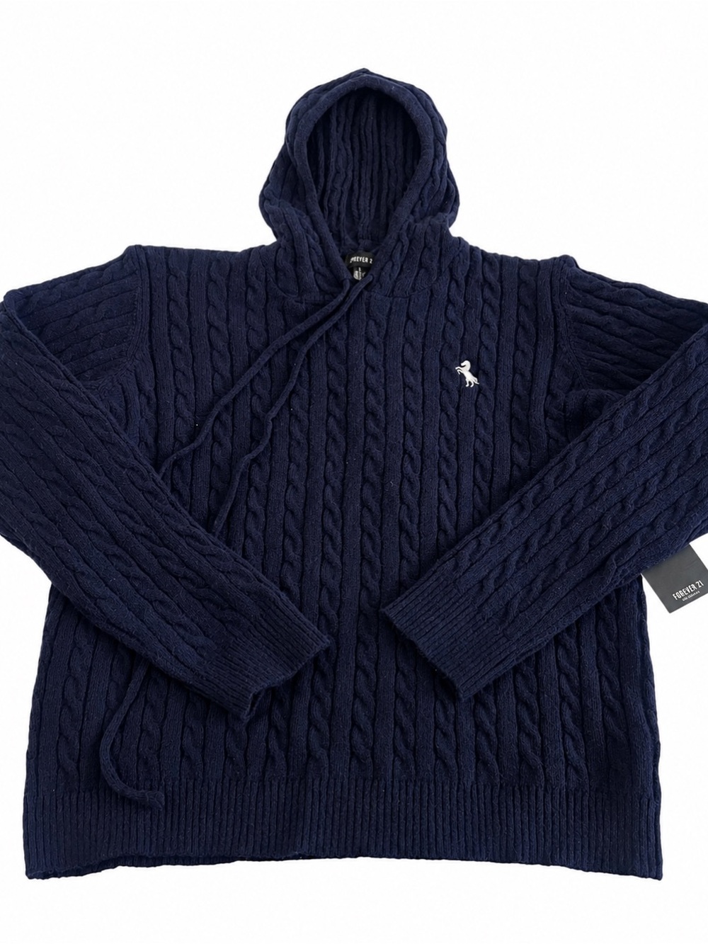 Forever 21 Women L Navy Cable Knit Hooded Sweater Embroidered Horse Pullover